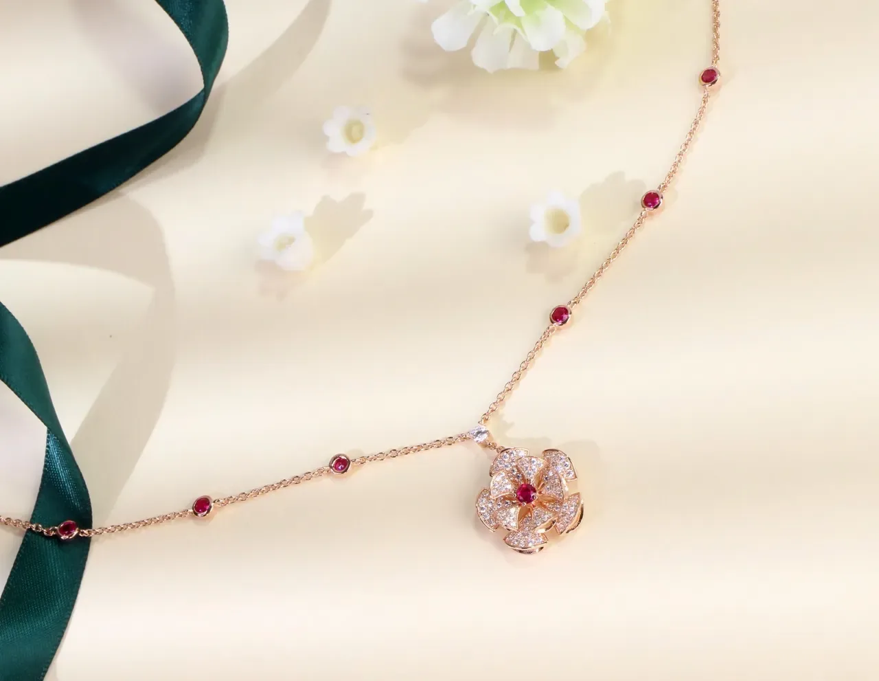 Gold Red Floral Pendant Pavé-Set Necklace 6