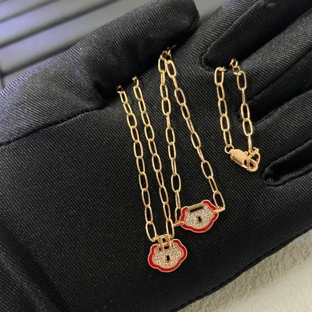 Gold Red Paperclip Chain Enamel Lock Charm Bracelet 2