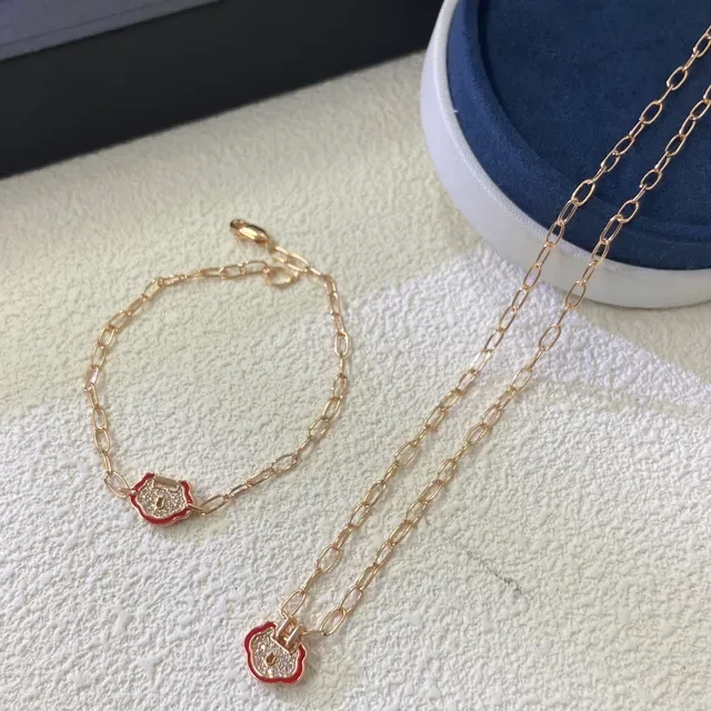 Gold Red Paperclip Chain Enamel Lock Charm Bracelet 3
