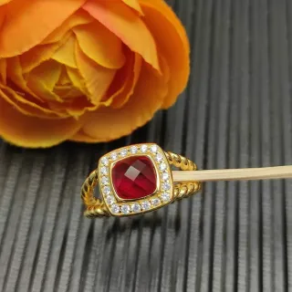 Gold Rope-Twist Band Cushion-Cut Red Gemstone Halo Ring