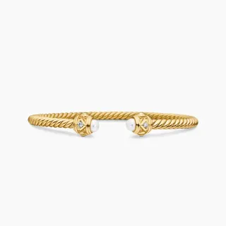 Brazalete Abierto de Oro con Trenza de Cuerda, Perlas y Diamantes en el Tapón
