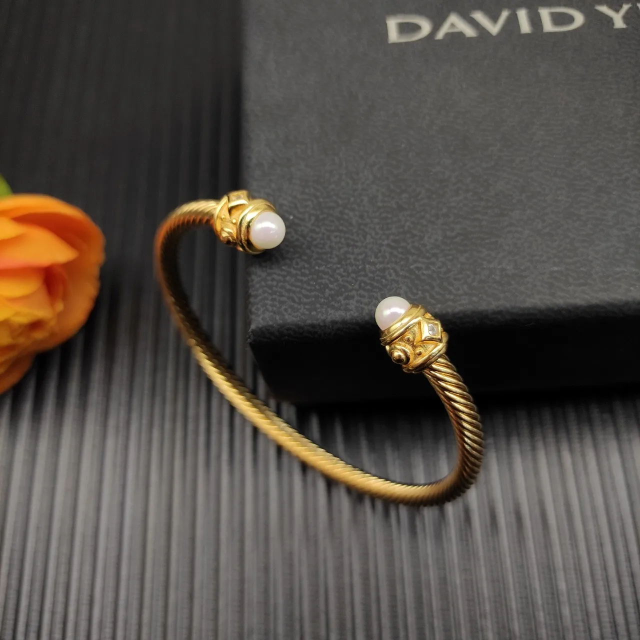 Gold Rope-Twist Pearl and Diamond End Cap Open Bangle Bracelet 2