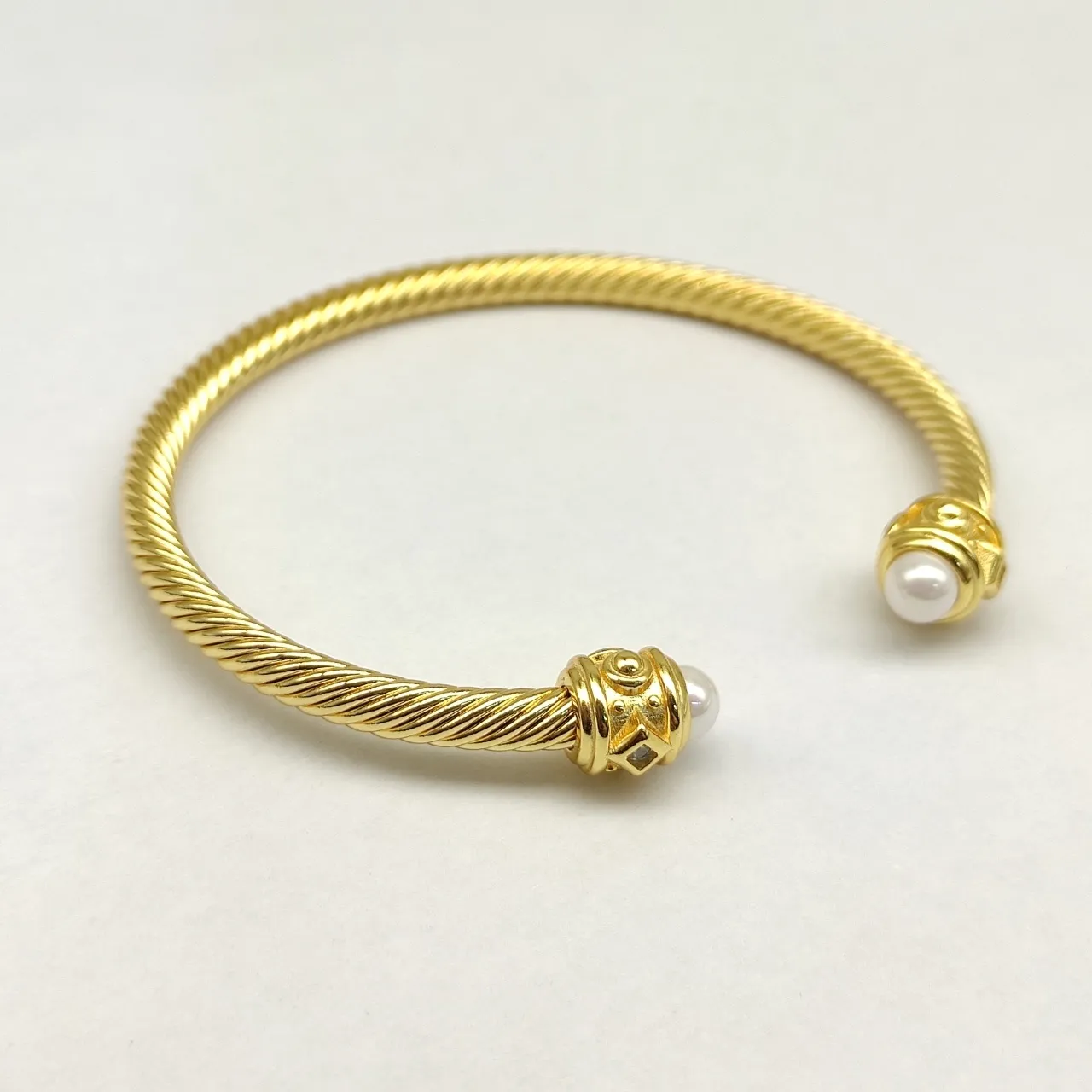 Gold Rope-Twist Pearl and Diamond End Cap Open Bangle Bracelet 4