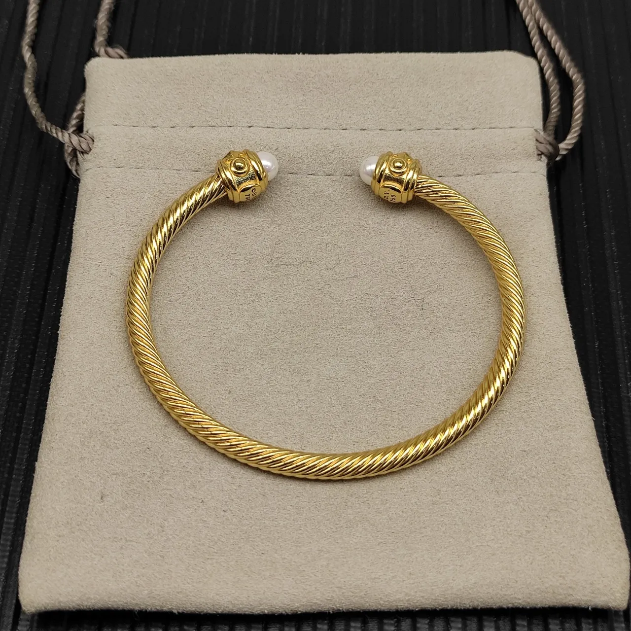 Gold Rope-Twist Pearl and Diamond End Cap Open Bangle Bracelet 8
