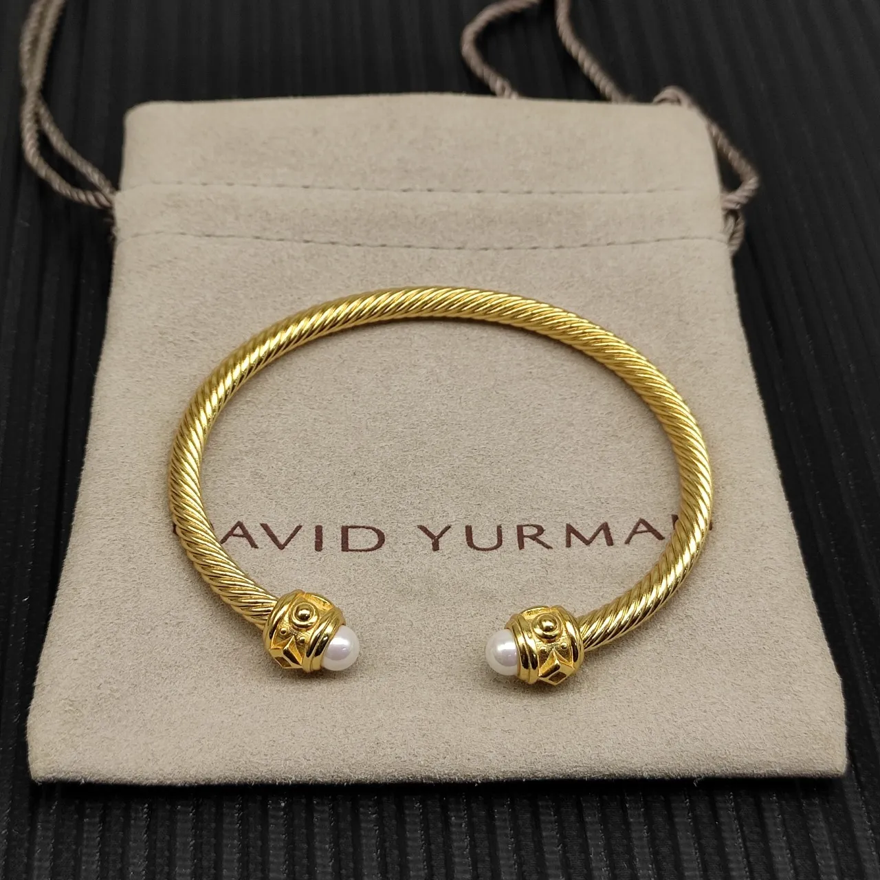 Gold Rope-Twist Pearl and Diamond End Cap Open Bangle Bracelet 9