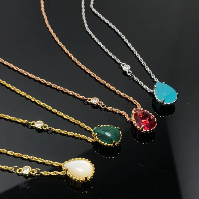 Gold Rose Gold Silver Teardrop Gemstone Pendant Necklaces 3