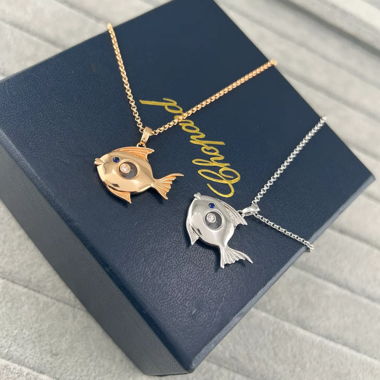 Gold Silver Fish-Shaped Pendant Gem-Set Eyes Necklace 6