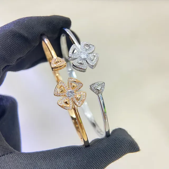 Gold Silver Floral Motif Pavé-Set Stones Bracelet 2