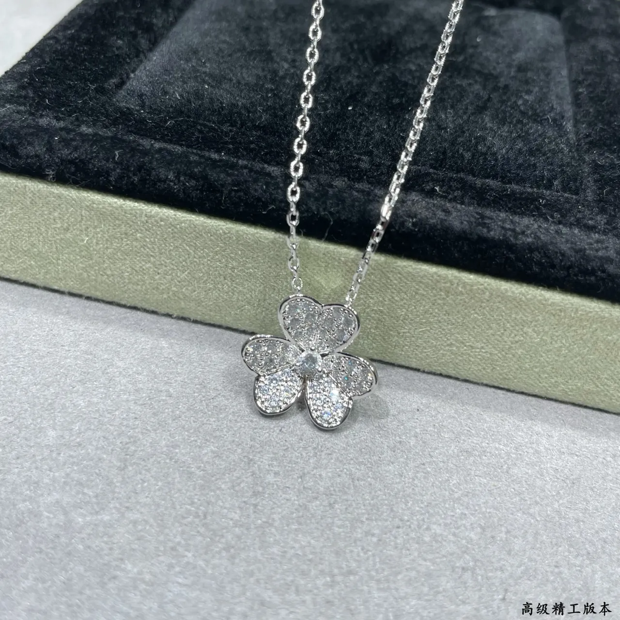 Gold Silver Four-Petal Flower Pave-Set Crystals Necklace 2