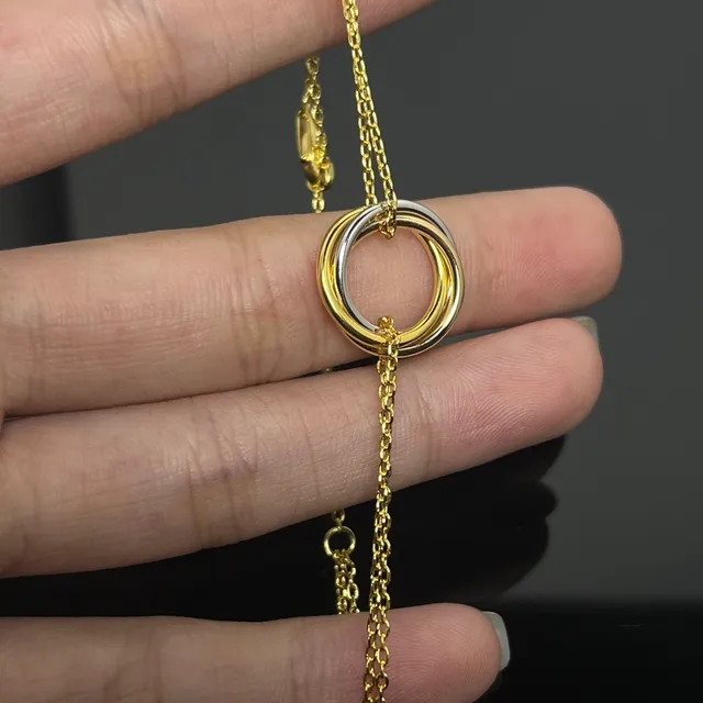 Gold Silver Interlocking Triple-Ring Pendant Fine Curb-Link Chain Necklace 2