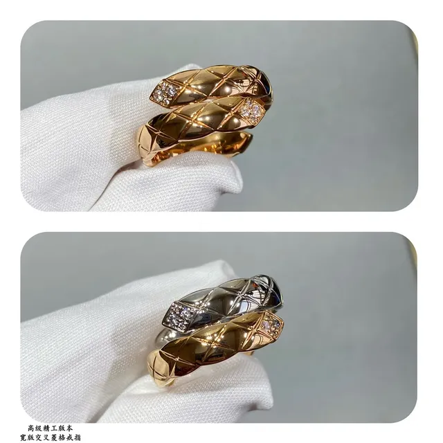 Gold Silver Quilted Geometric Motif Interlocking Band Design Ring 2