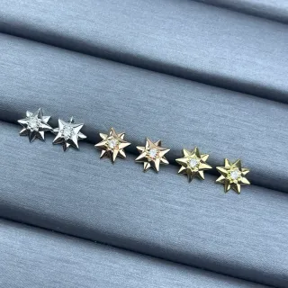 Gold Silver Star-Shaped Studs Central Faceted Stone Earrings
