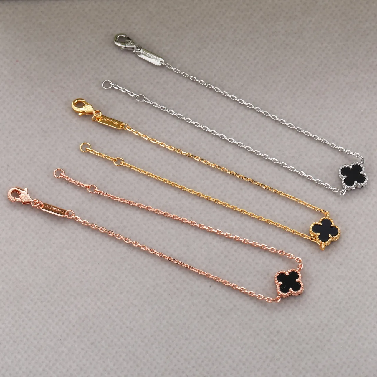 Gold Silver Thin Curb Chain Four-Leaf Clover Charm Bracelet 8