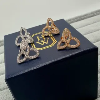 Gold Silver Trinity Knot Motif Pave-Set Clear Stones Earrings