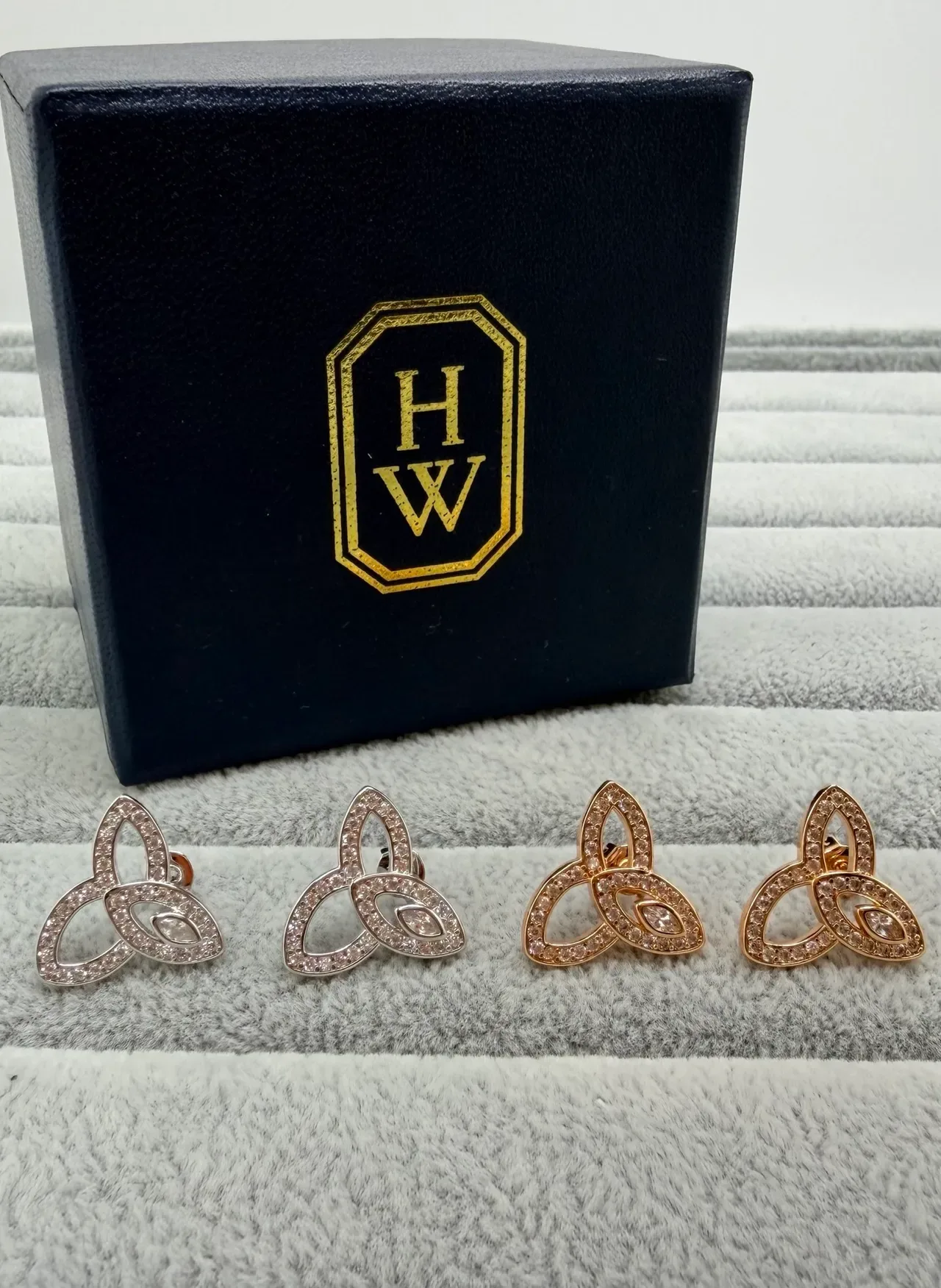 Gold Silver Trinity Knot Motif Pave-Set Clear Stones Earrings 3