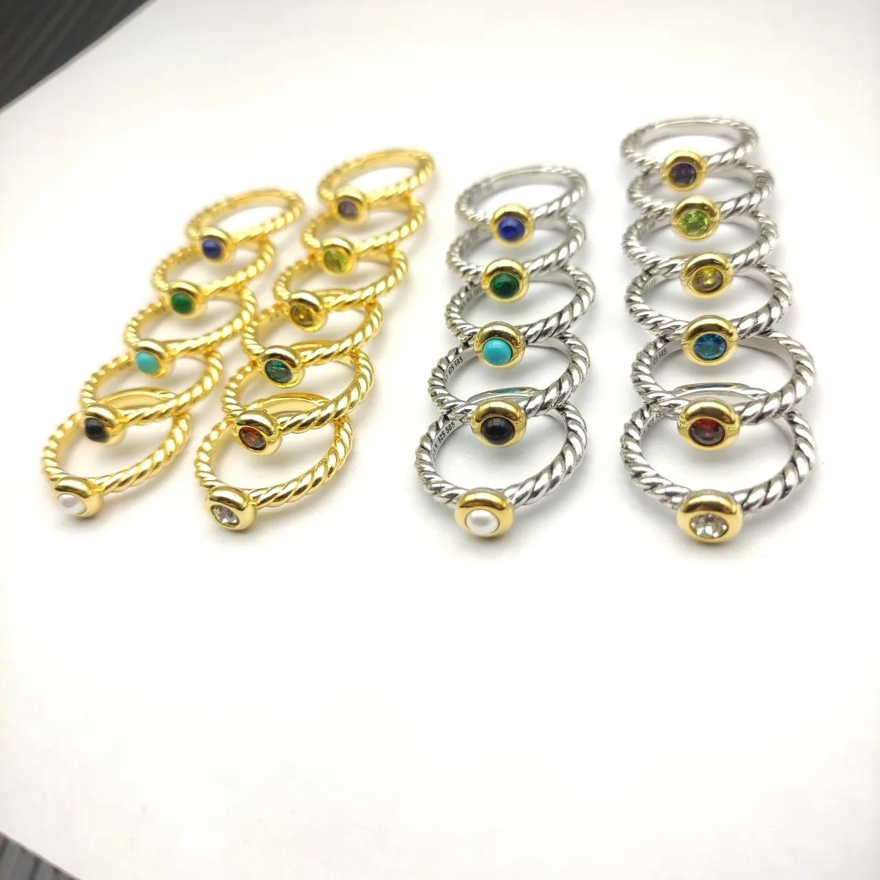 Gold Silver Twisted Rope Band Single Cabochon Stone Ring 2