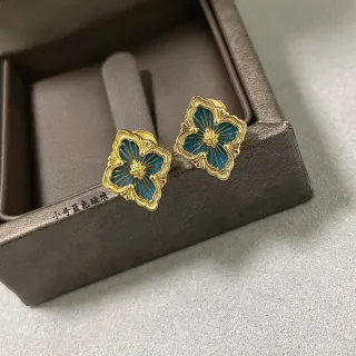 Gold-Tone Blue Enamel Floral Stud Earrings