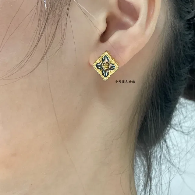 Gold-Tone Blue Enamel Floral Stud Earrings 8
