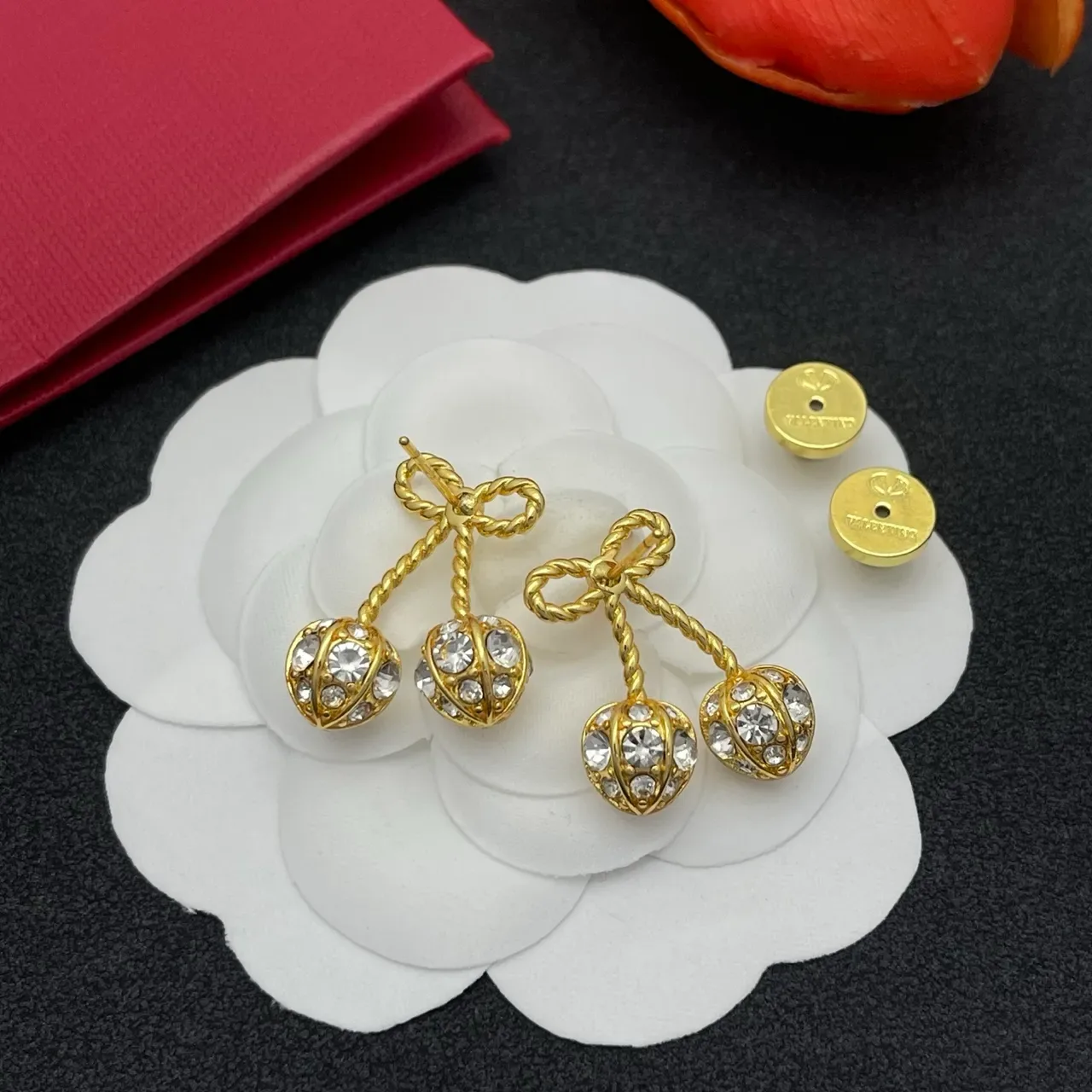 Gold-Tone Bow and Crystal Cherry Earrings 2