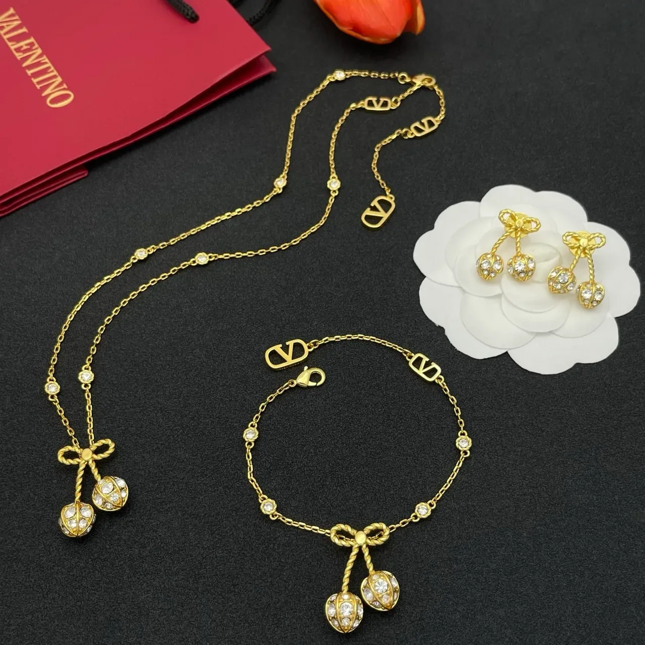 Gold-Tone Bow and Crystal Cherry Earrings 4