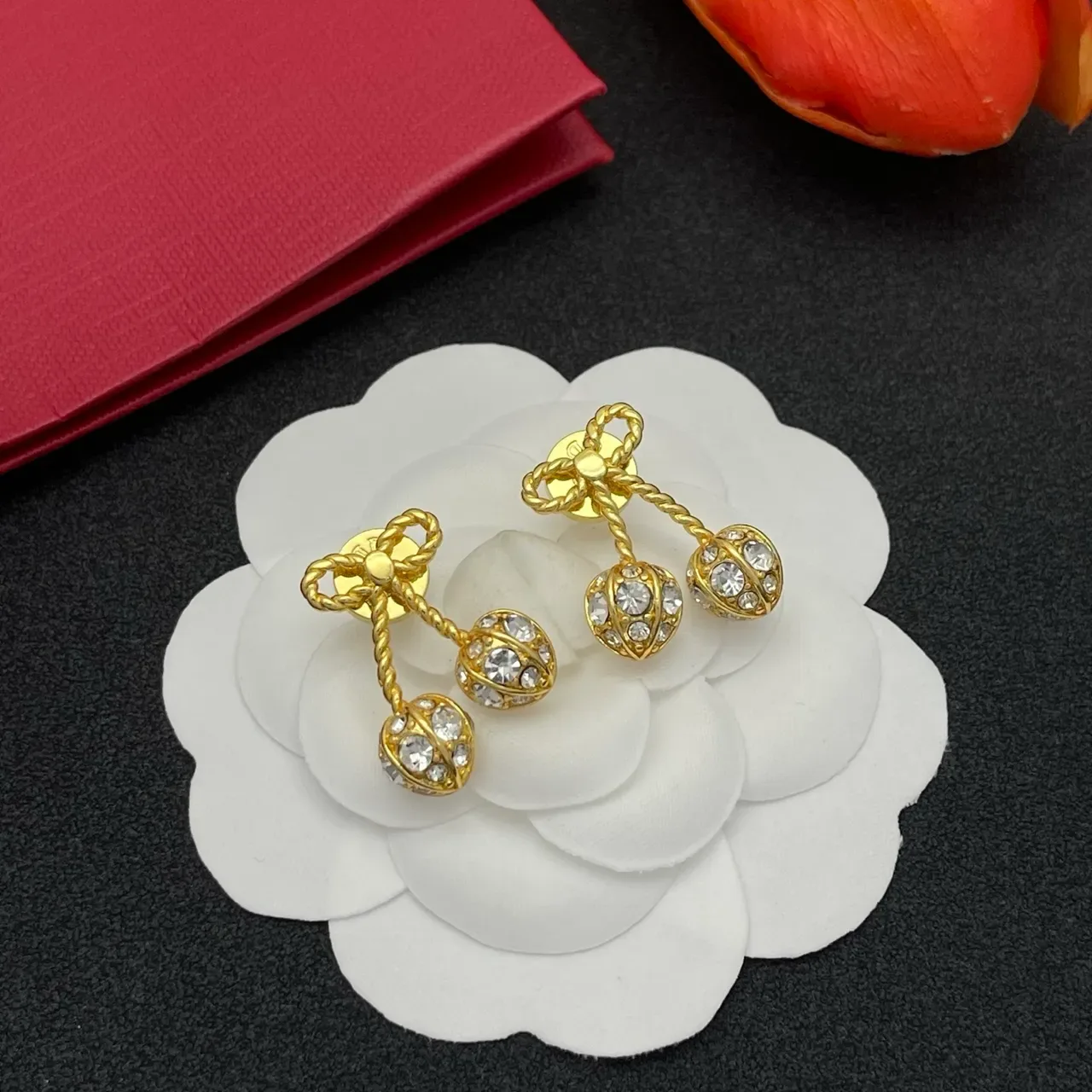 Gold-Tone Bow and Crystal Cherry Earrings 8