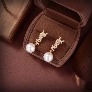 Gold-Tone Crystal-Encrusted Logo Motif Pearl Drop Earrings
