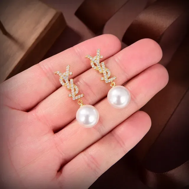 Gold-Tone Crystal-Encrusted Logo Motif Pearl Drop Earrings 2