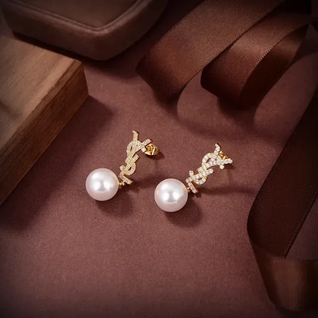 Gold-Tone Crystal-Encrusted Logo Motif Pearl Drop Earrings 3