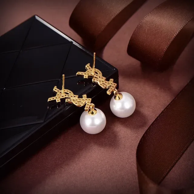 Gold-Tone Crystal-Encrusted Logo Motif Pearl Drop Earrings 4