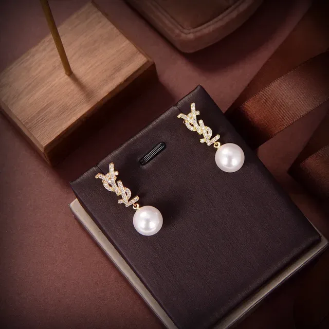 Gold-Tone Crystal-Encrusted Logo Motif Pearl Drop Earrings 5