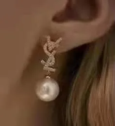Gold-Tone Crystal-Encrusted Logo Motif Pearl Drop Earrings 6