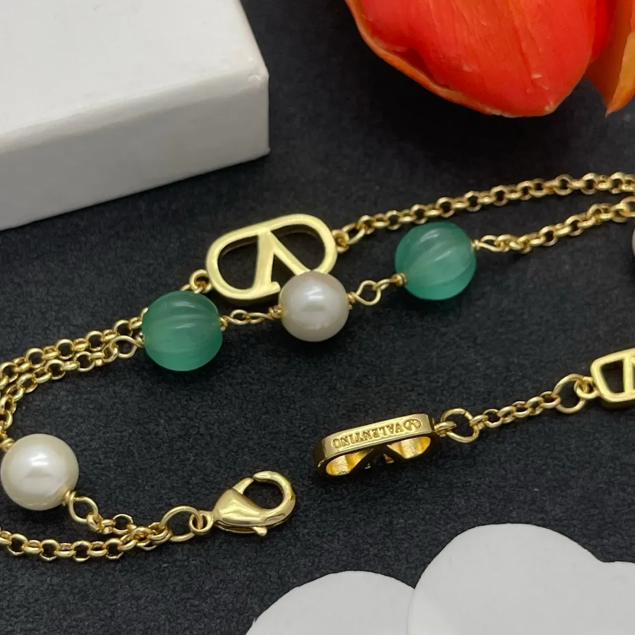 Gold-Tone Double-Chain Pearl and Green Bead V-Logo Bracelet 3