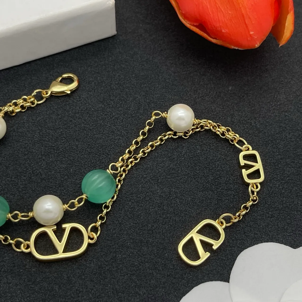 Gold-Tone Double-Chain Pearl and Green Bead V-Logo Bracelet 5