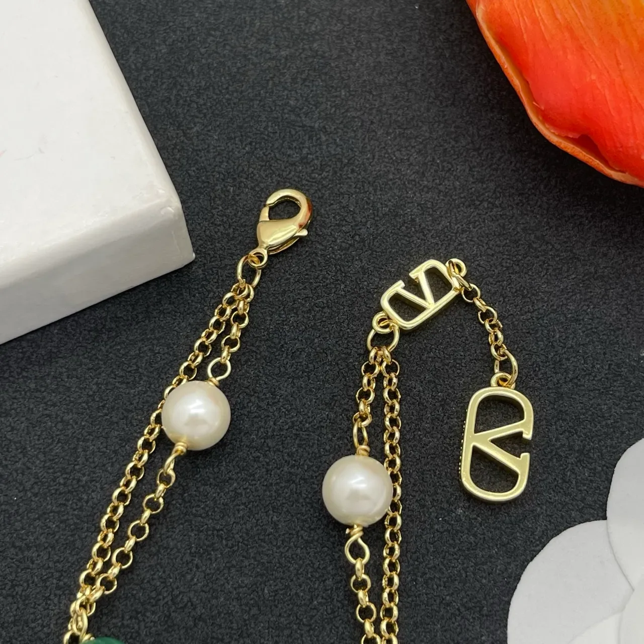 Gold-Tone Double-Chain Pearl and Green Bead V-Logo Bracelet 6