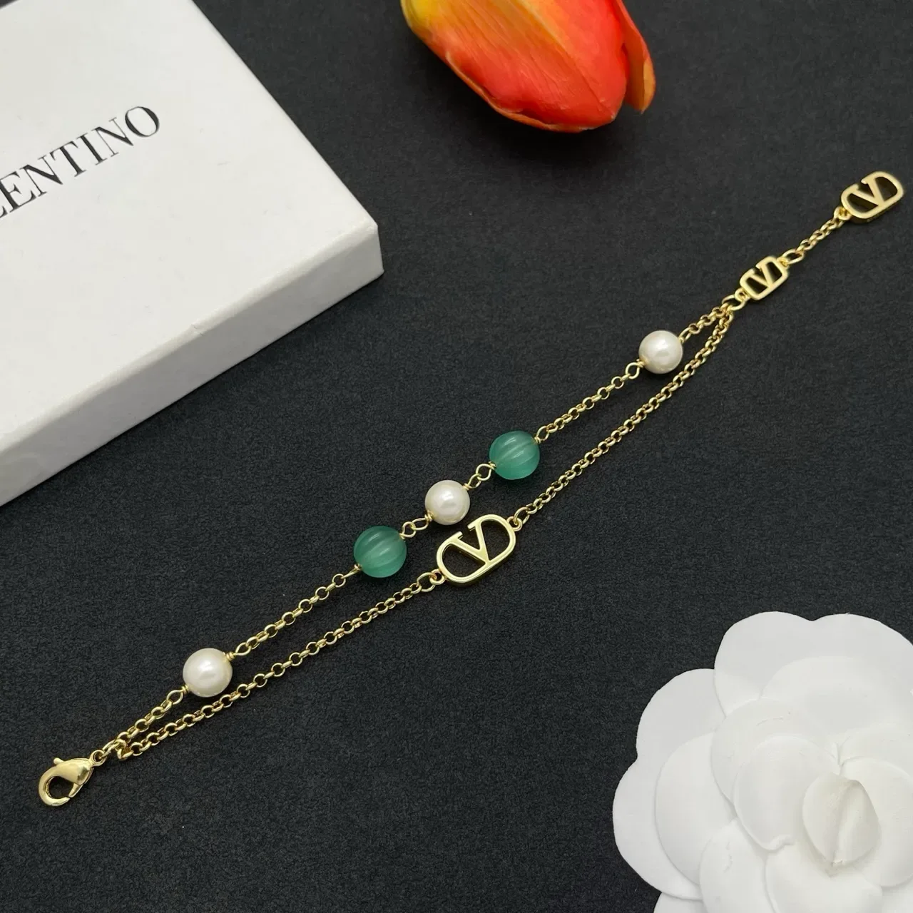 Gold-Tone Double-Chain Pearl and Green Bead V-Logo Bracelet 8