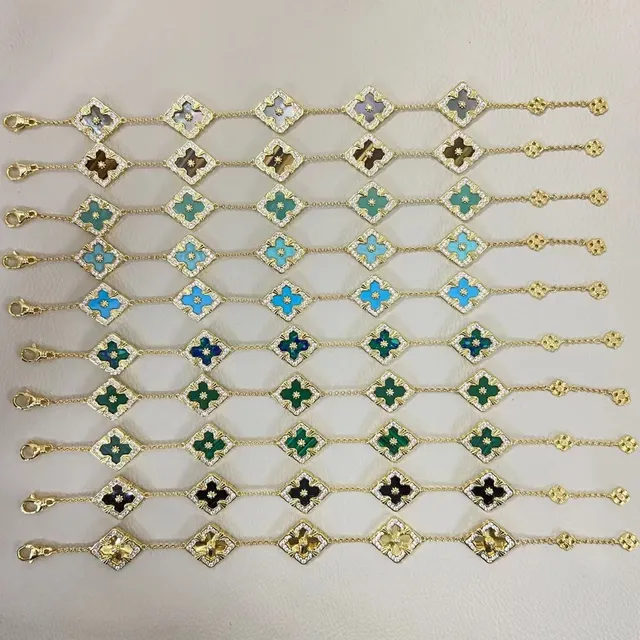 Gold-Tone Enamel Floral Quatrefoil Pavé Bracelet 7