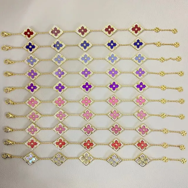Gold-Tone Enamel Floral Quatrefoil Pavé Bracelet 8