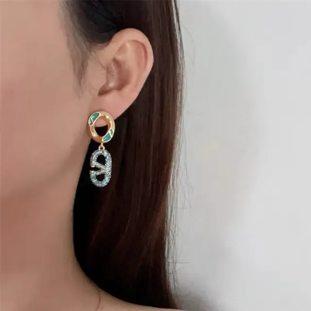 Gold-Tone Green Enamel and Blue Crystal Pavé Drop Earrings 3