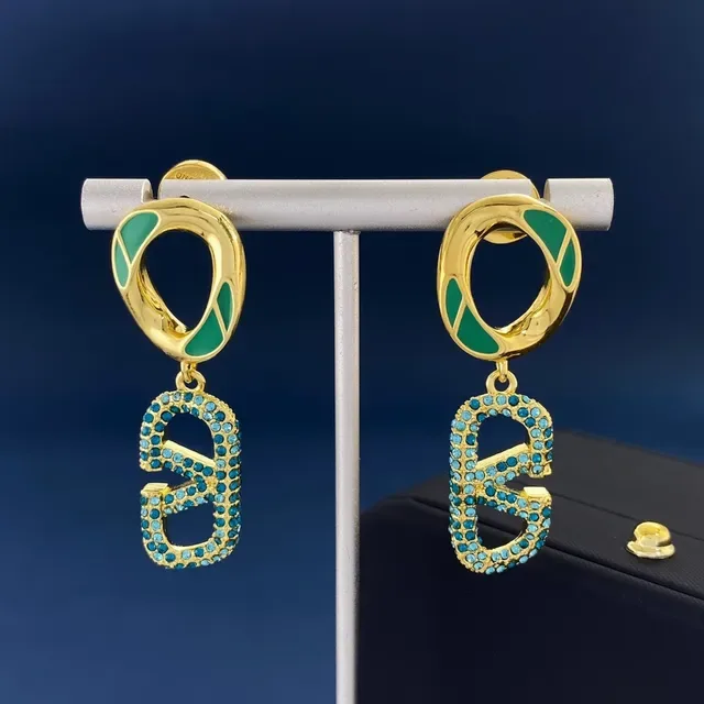 Gold-Tone Green Enamel and Blue Crystal Pavé Drop Earrings 4