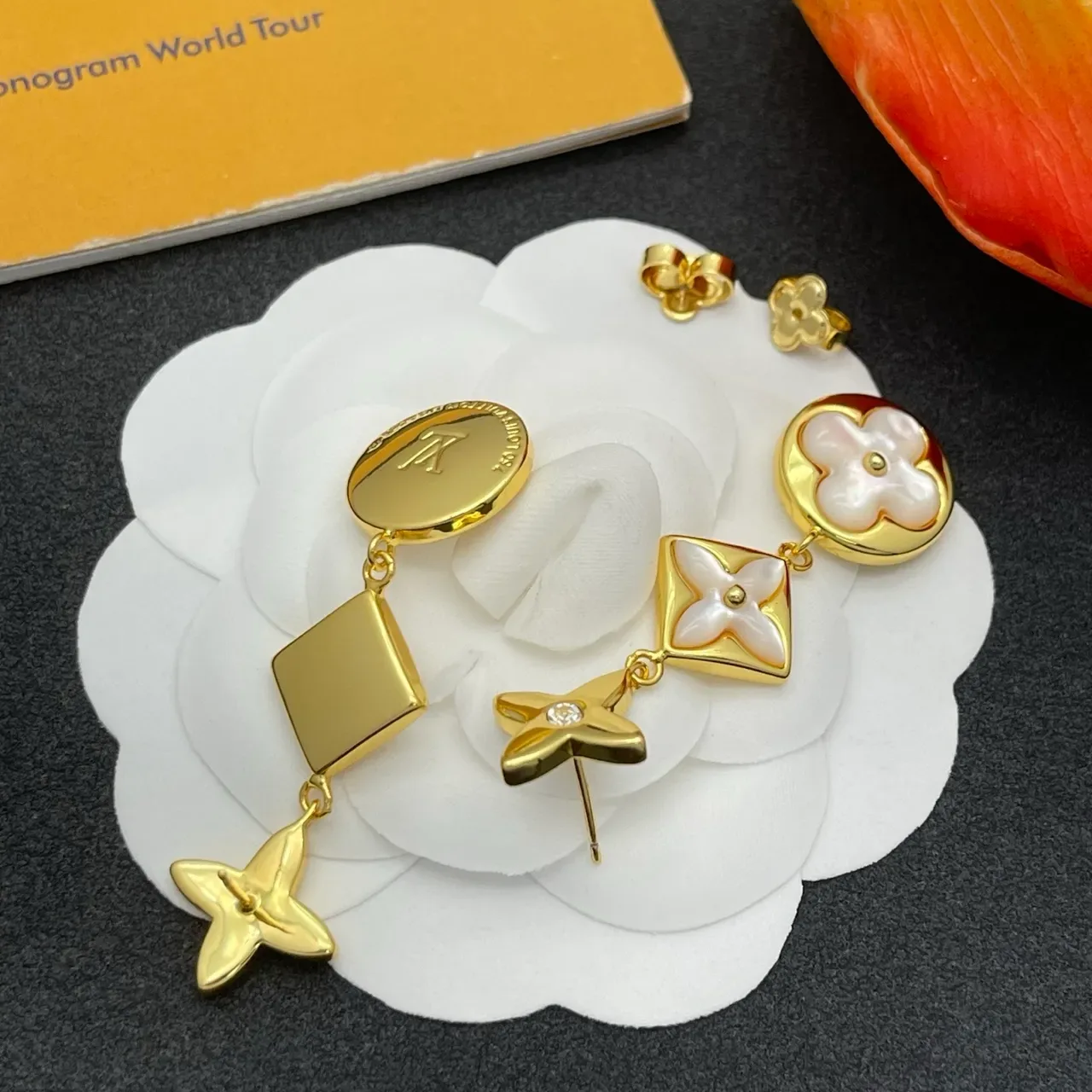 Gold-Tone Mother-of-Pearl Floral Quatrefoil Dangle Earrings 4