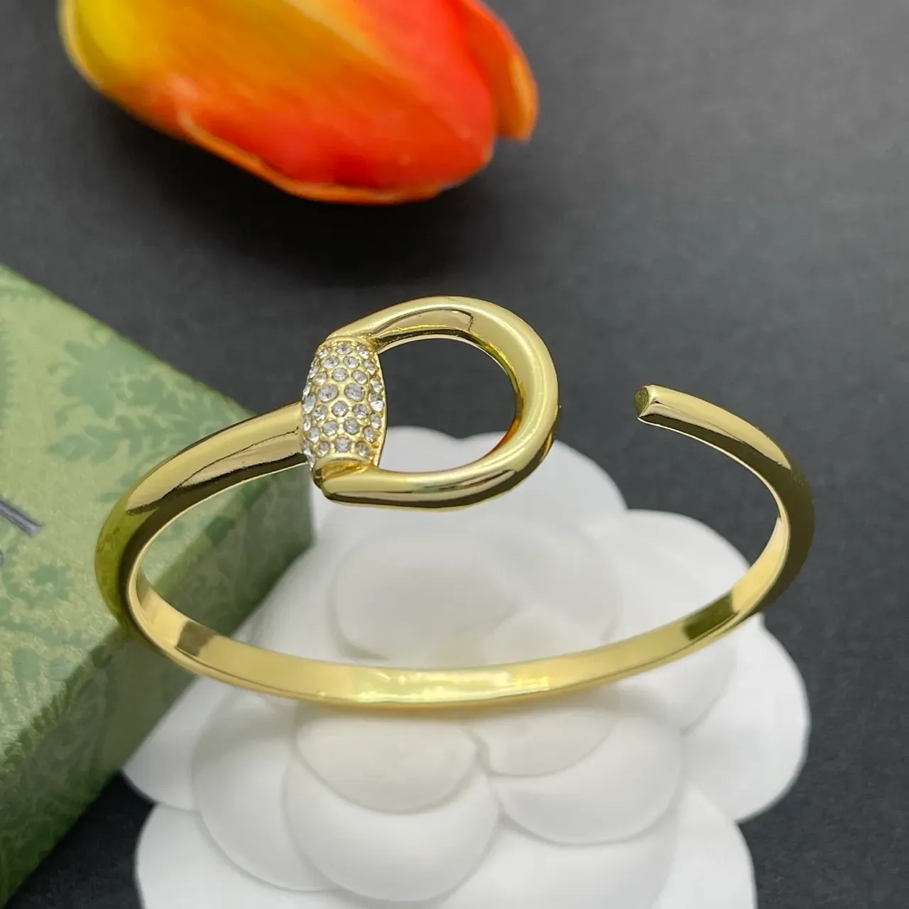 Gold-Tone Pavé Crystal Circular Motif Open Cuff Bracelet 7
