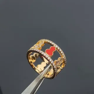 Gold-Tone Pavé-Set Red Enamel Openwork Double-Band Ring