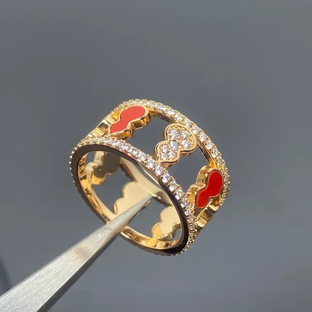Gold-Tone Pavé-Set Red Enamel Openwork Double-Band Ring 3