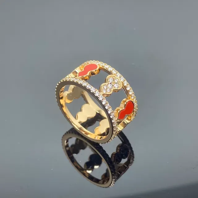 Gold-Tone Pavé-Set Red Enamel Openwork Double-Band Ring 4