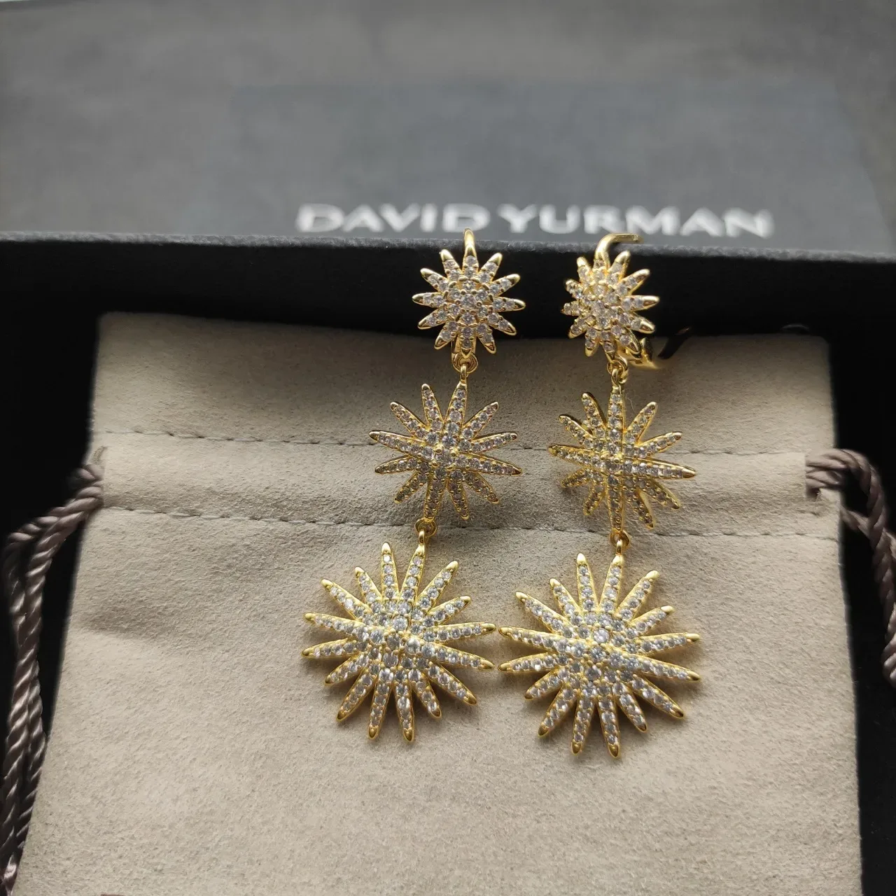 Gold-Tone Pavé Starburst Three-Tier Dangling Earrings 3