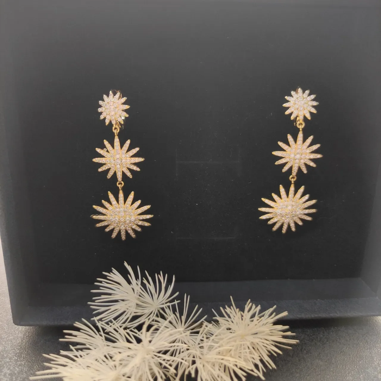 Gold-Tone Pavé Starburst Three-Tier Dangling Earrings 8