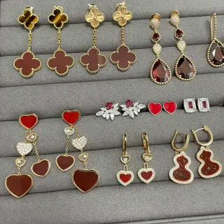 Gold-Tone Red Enamel Heart and Clover Motif Dangling Earrings