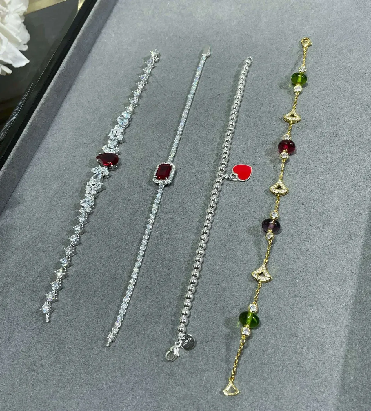 Gold-Tone Red Enamel Heart and Clover Motif Dangling Earrings 2
