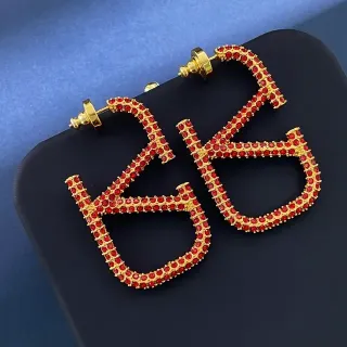 Gold-Tone Red Rhinestone Monogram Statement Earrings