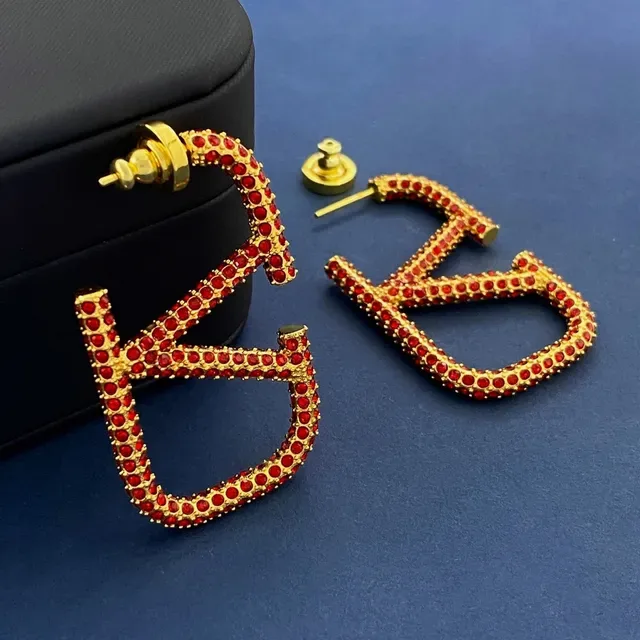 Gold-Tone Red Rhinestone Monogram Statement Earrings 3
